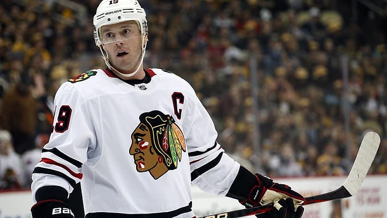 Apr 11, 2023; Pittsburgh, Pennsylvania, USA; Chicago Blackhawks center Jonathan Toews (19) looks on before a face-off against the Pittsburgh Penguins during the first period at PPG Paints Arena. Mandatory Credit: Charles LeClaire-USA TODAY Sports