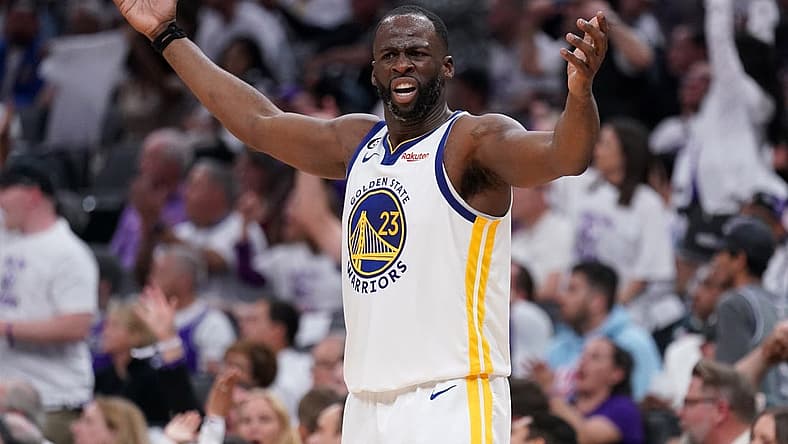 Apr 15, 2023; Sacramento, California, USA; Golden State Warriors forward Draymond Green (23) looks for a foul call after a play against the Sacramento Kings in the third quarter during game one of the 2023 NBA playoffs at the Golden 1 Center. Mandatory Credit: Cary Edmondson-USA TODAY Sports