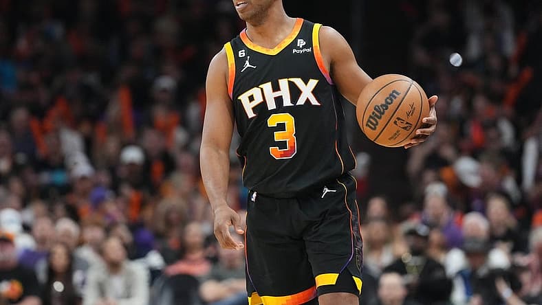 Apr 16, 2023; Phoenix, Arizona, USA; Phoenix Suns guard Chris Paul (3) dribbles against the LA Clippers during the second half of game one of the 2023 NBA playoffs at Footprint Center. Mandatory Credit: Joe Camporeale-USA TODAY Sports