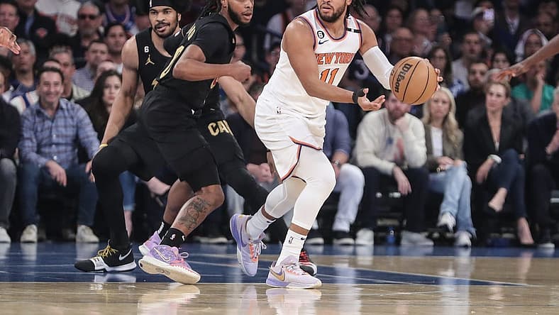 Apr 23, 2023; New York, New York, USA; Cleveland Cavaliers guard Darius Garland (10) defends New York Knicks guard Jalen Brunson (11) during game four of the 2023 NBA playoffs at Madison Square Garden. Mandatory Credit: Wendell Cruz-USA TODAY Sports