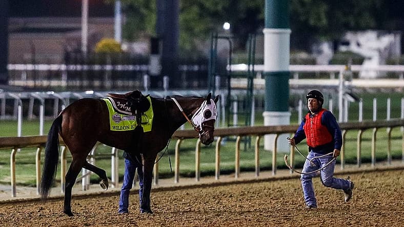 An outrider rushes to help Kentucky Derby horse Wild On Ice, as the gelding holds his left hind leg up after pulling up while galloping during a morning workout Thursday April 27, 2023 at Churchill Downs in Louisville, Ky.
Kentucky Derby 2023 Horses Wild On Ice