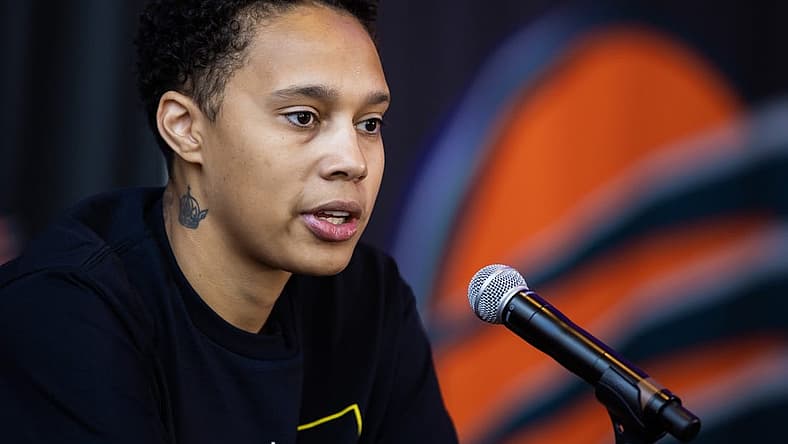 Apr 27, 2023; Phoenix, AZ, USA; Phoenix Mercury center Brittney Griner speaks to the media during a press conference at Footprint Center. Mandatory Credit: Mark J. Rebilas-USA TODAY Sports