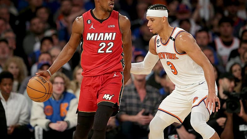 Apr 30, 2023; New York, New York, USA; Miami Heat forward Jimmy Butler (22) controls the ball against New York Knicks guard Josh Hart (3) during the third quarter of game one of the 2023 NBA Eastern Conference semifinal playoffs at Madison Square Garden. Mandatory Credit: Brad Penner-USA TODAY Sports