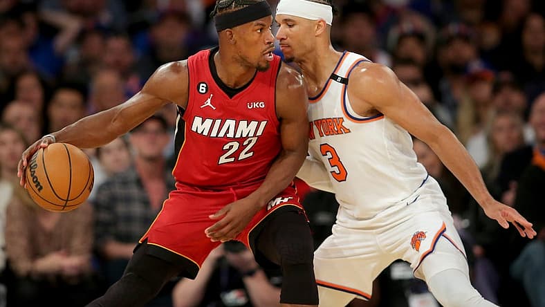 Apr 30, 2023; New York, New York, USA; Miami Heat forward Jimmy Butler (22) controls the ball against New York Knicks guard Josh Hart (3) during the third quarter of game one of the 2023 NBA Eastern Conference semifinal playoffs at Madison Square Garden. Mandatory Credit: Brad Penner-USA TODAY Sports