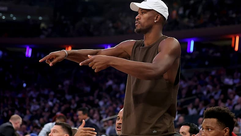 May 2, 2023; New York, New York, USA; Miami Heat injured forward Jimmy Butler (22) talks to his teammates from the bench during the third quarter of game two of the 2023 NBA Eastern Conference semifinal playoffs against the New York Knicks at Madison Square Garden. Mandatory Credit: Brad Penner-USA TODAY Sports