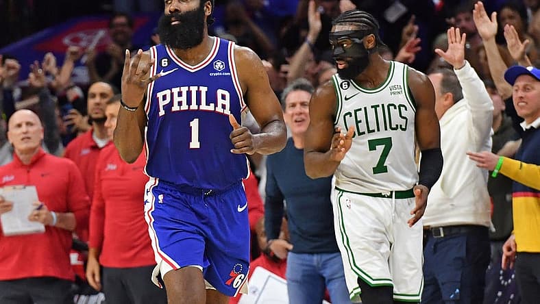 May 7, 2023; Philadelphia, Pennsylvania, USA; Philadelphia 76ers guard James Harden (1) reacts after making game-winning three point basket against the Boston Celtics during overtime of game four of the 2023 NBA playoffs at Wells Fargo Center. Mandatory Credit: Eric Hartline-USA TODAY Sports