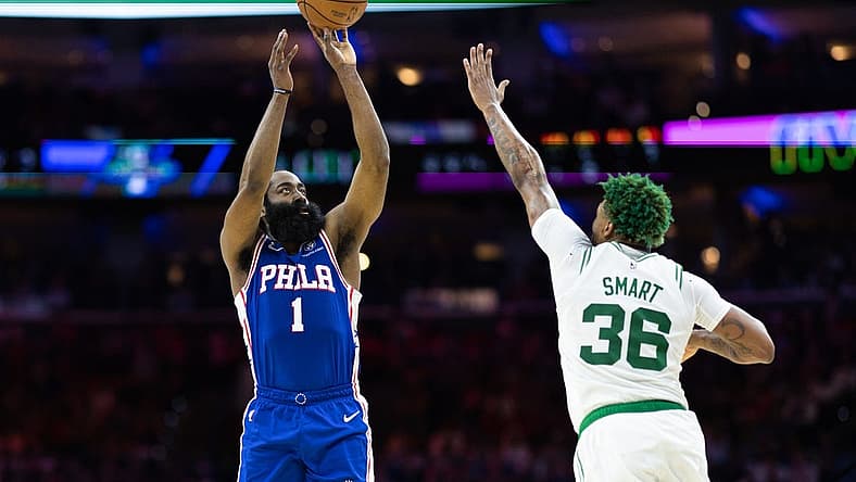 May 11, 2023; Philadelphia, Pennsylvania, USA; Philadelphia 76ers guard James Harden (1) shoots past Boston Celtics guard Marcus Smart (36) during the second quarter in game six of the 2023 NBA playoffs at Wells Fargo Center. Mandatory Credit: Bill Streicher-USA TODAY Sports