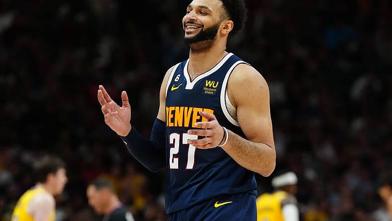 May 18, 2023; Denver, Colorado, USA; Denver Nuggets guard Jamal Murray (27) reacts in the third quarter against the Los Angeles Lakers during game two of the Western Conference Finals for the 2023 NBA playoffs at Ball Arena. Mandatory Credit: Ron Chenoy-USA TODAY Sports