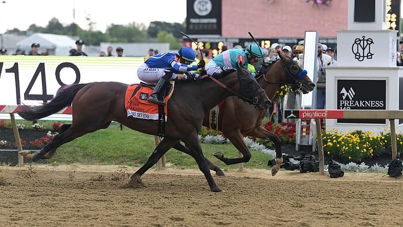May 20, 2023; Baltimore, Maryland, USA; National Treasure with John R. Velazquez up (1) defeats Blazing Sevens with Irad Ortiz, Jr. up (7) to win the 148th running of the Preakness Stakes at Pimlico Race Course. Mandatory Credit: Tommy Gilligan-USA TODAY Sports