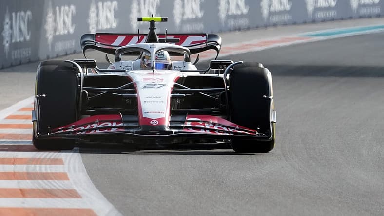 May 5, 2023; Miami Gardens, Florida, USA;  Haas driver Nico Hulkenberg (27) of Germany races into turn 11 during the second practice at Miami International Autodrome. Mandatory Credit: Jasen Vinlove-USA TODAY Sports