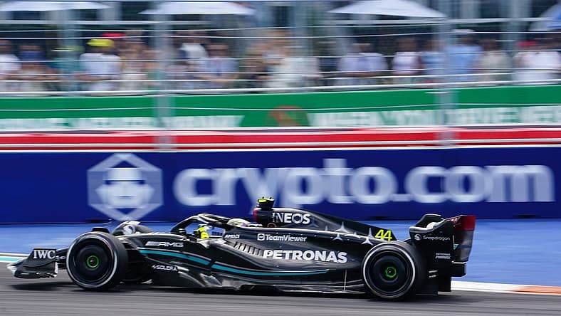 May 7, 2023; Miami Gardens, Florida, USA; Mercedes driver Lewis Hamilton (44) of Great Britain during the Miami Grand Prix at Miami International Autodrome. Mandatory Credit: John David Mercer-USA TODAY Sports