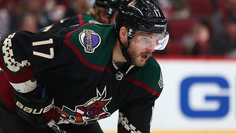 Jan 15, 2022; Glendale, Arizona, USA; Arizona Coyotes center Alex Galchenyuk (17) against the Colorado Avalanche at Gila River Arena. Mandatory Credit: Mark J. Rebilas-USA TODAY Sports