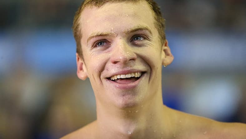 Mar 24, 2022; Atlanta, GA, USA; Arizona State Sun Devils swimmer Leon Marchand celebrates after winning the 200 IM final in the NCAA Mens Swimming & Diving Championships at McAuley Aquatic Center. Mandatory Credit: Brett Davis-USA TODAY Sports
