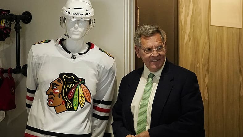 Jun 29, 2022; Chicago, IL, USA; Chicago Blackhawks owner Rocky Wirtz enters as new head coach Luke Richardson is introduced at a press conference at the Chicago Blackhawks Store. Mandatory Credit: David Banks-USA TODAY Sports