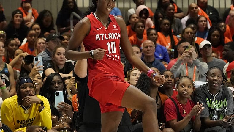 Jul 9, 2022; Chicago, Ill, USA; Rhyne Howard gestures after the first round of the 3-point contest during the 2022 WNBA All-Star Game skills competition at Wintrust Arena. Mandatory Credit: David Banks-USA TODAY Sports