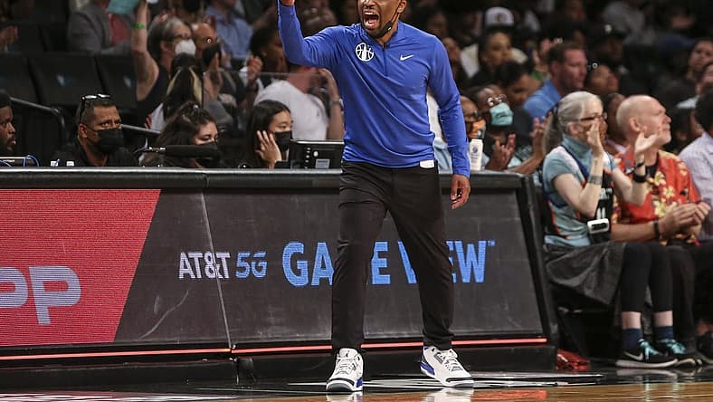 Aug 23, 2022; Brooklyn, New York, USA; Chicago Sky Head Coach James Wade yells out instructions in the third quarter against the New York Liberty at Barclays Center. Mandatory Credit: Wendell Cruz-USA TODAY Sports