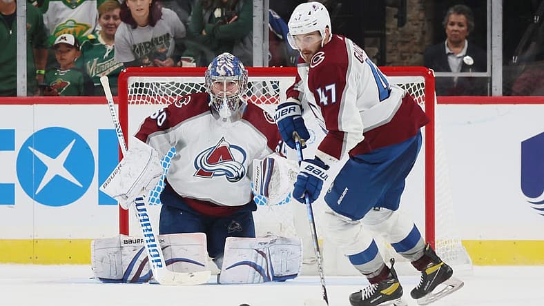 Sep 25, 2022; Saint Paul, Minnesota, USA; Colorado Avalanche Alex Galchenyuk (47) carries the puck during the third period against the Minnesota Wild and the Colorado Avalanche at Xcel Energy Center. Wild win 3-2. Mandatory Credit: Bruce Fedyck-USA TODAY Sports
