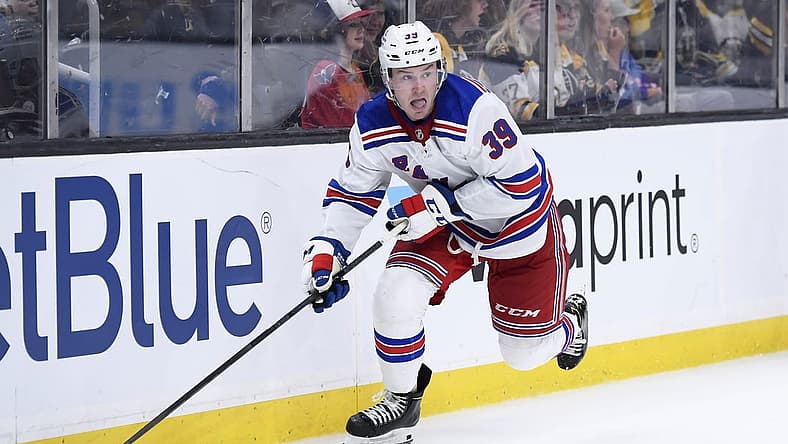 Sep 27, 2022; Boston, Massachusetts, USA;  New York Rangers defenseman Ty Emberson (39) skates with the puck during the third period against the Boston Bruins at TD Garden. Mandatory Credit: Bob DeChiara-USA TODAY Sports