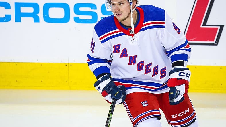 Feb 18, 2023; Calgary, Alberta, CAN; New York Rangers right wing Vladimir Tarasenko (91) skates during the warmup period against the Calgary Flames at Scotiabank Saddledome. Mandatory Credit: Sergei Belski-USA TODAY Sports