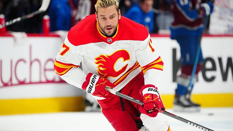 Feb 25, 2023; Denver, Colorado, USA; Calgary Flames left wing Milan Lucic (17) warms up before a game against the Colorado Avalanche at Ball Arena. Mandatory Credit: Ron Chenoy-USA TODAY Sports