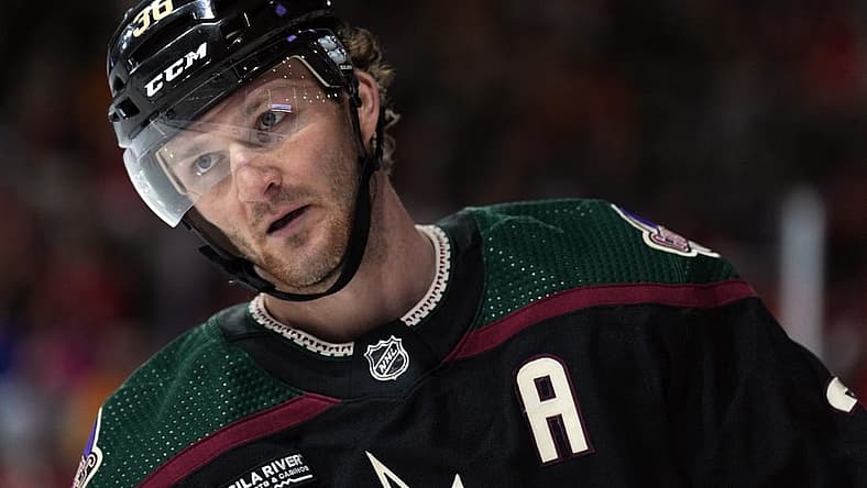 Feb 28, 2023; Tempe, Arizona, USA; Arizona Coyotes right wing Christian Fischer (36) looks on against the Chicago Blackhawks during the second period at Mullett Arena. Mandatory Credit: Joe Camporeale-USA TODAY Sports