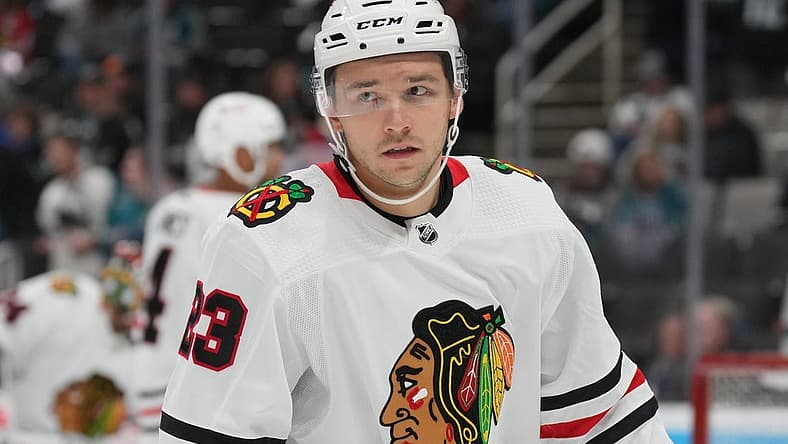 Feb 25, 2023; San Jose, California, USA; Chicago Blackhawks center Philipp Kurashev (23) warms up before the game against the San Jose Sharks at SAP Center at San Jose. Mandatory Credit: Darren Yamashita-USA TODAY Sports