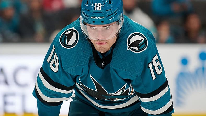 Mar 2, 2023; San Jose, California, USA; San Jose Sharks left wing Andreas Johnsson (18) against the St. Louis Blues during the second period at SAP Center at San Jose. Mandatory Credit: Robert Edwards-USA TODAY Sports