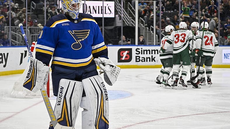 Mar 15, 2023; St. Louis, Missouri, USA; St. Louis Blues goaltender Thomas Greiss (1) looks on after giving up a goal to Minnesota Wild right wing Ryan Reaves (75) during the third period at Enterprise Center. Mandatory Credit: Jeff Curry-USA TODAY Sports