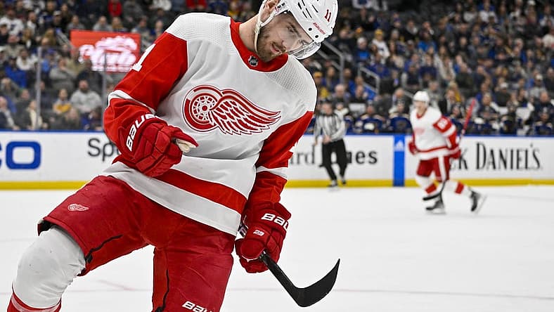 Mar 21, 2023; St. Louis, Missouri, USA; Detroit Red Wings right wing Filip Zadina (11) reacts after scoring against the St. Louis Blues during the first period at Enterprise Center. Mandatory Credit: Jeff Curry-USA TODAY Sports