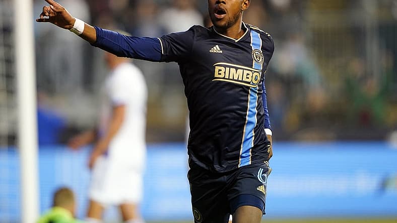 Mar 25, 2023; Philadelphia, Pennsylvania, USA; Philadelphia Union midfielder Andres Perea (6) celebrates scoring against the Orlando City SC in the first half at Subaru Park. Mandatory Credit: Gregory Fisher-USA TODAY Sports
