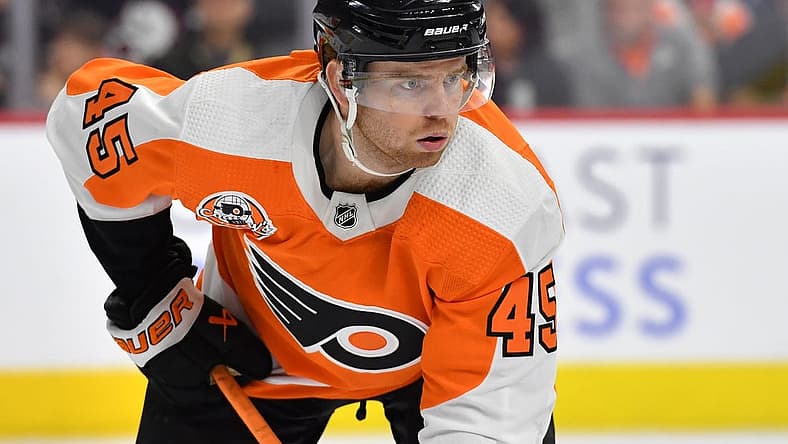 Apr 1, 2023; Philadelphia, Pennsylvania, USA; Philadelphia Flyers defenseman Cam York (45) against the Buffalo Sabres at Wells Fargo Center. Mandatory Credit: Eric Hartline-USA TODAY Sports