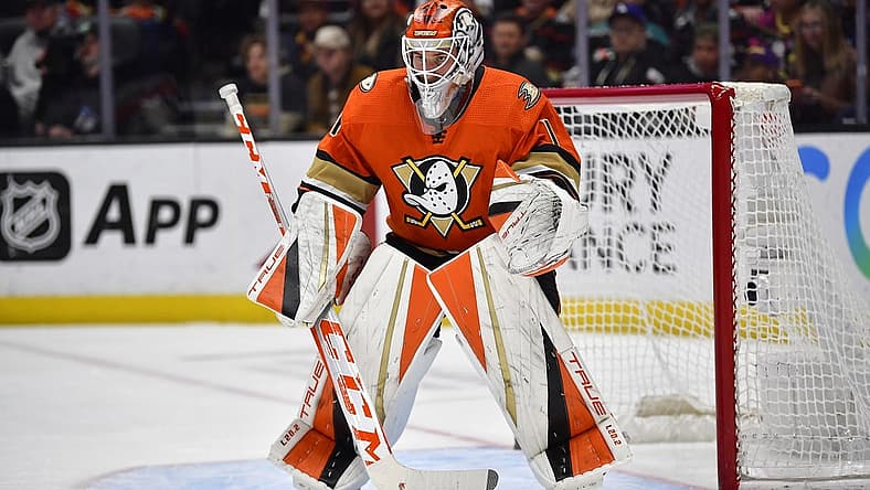 Apr 5, 2023; Anaheim, California, USA; Anaheim Ducks goaltender Lukas Dostal (1) defends the goal against the Edmonton Oilers during the first period at Honda Center. Mandatory Credit: Gary A. Vasquez-USA TODAY Sports