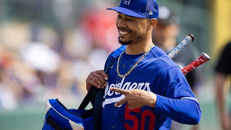Mar 5, 2023; Phoenix, Arizona, USA; Los Angeles Dodgers second baseman Mookie Betts against the Chicago White Sox during a spring training game at Camelback Ranch-Glendale. Mandatory Credit: Mark J. Rebilas-USA TODAY Sports