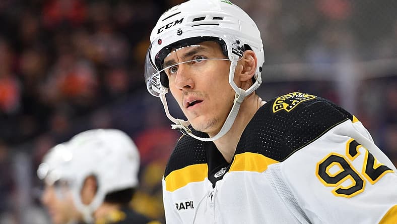 Apr 9, 2023; Philadelphia, Pennsylvania, USA; Boston Bruins left wing Tomas Nosek (92) against the Philadelphia Flyers at Wells Fargo Center. Mandatory Credit: Eric Hartline-USA TODAY Sports