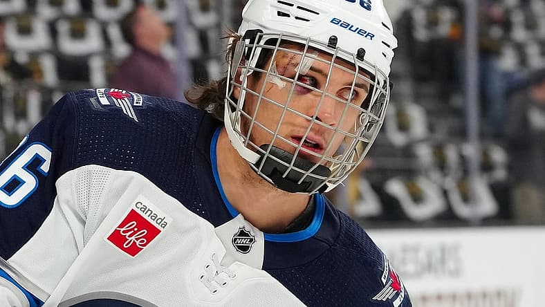Apr 20, 2023; Las Vegas, Nevada, USA; Winnipeg Jets center Morgan Barron (36) warms up before the start of game two of the first round of the 2023 Stanley Cup Playoffs against the Vegas Golden Knights at T-Mobile Arena. Mandatory Credit: Stephen R. Sylvanie-USA TODAY Sports