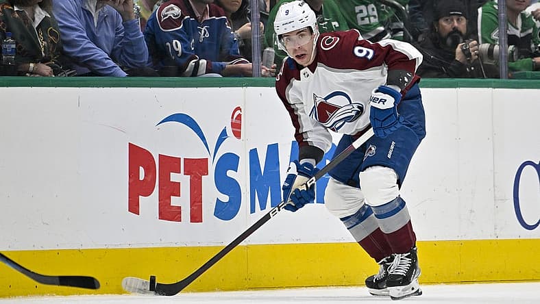Mar 4, 2023; Dallas, Texas, USA; Colorado Avalanche center Evan Rodrigues (9) in action during the game between the Dallas Stars and the Colorado Avalanche at the American Airlines Center. Mandatory Credit: Jerome Miron-USA TODAY Sports