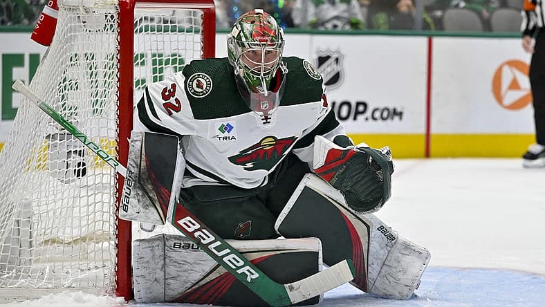 Apr 25, 2023; Dallas, Texas, USA; Minnesota Wild goaltender Filip Gustavsson (32) in action during the game between the Dallas Stars and the Minnesota Wild in game five of the first round of the 2023 Stanley Cup Playoffs at American Airlines Center. Mandatory Credit: Jerome Miron-USA TODAY Sports