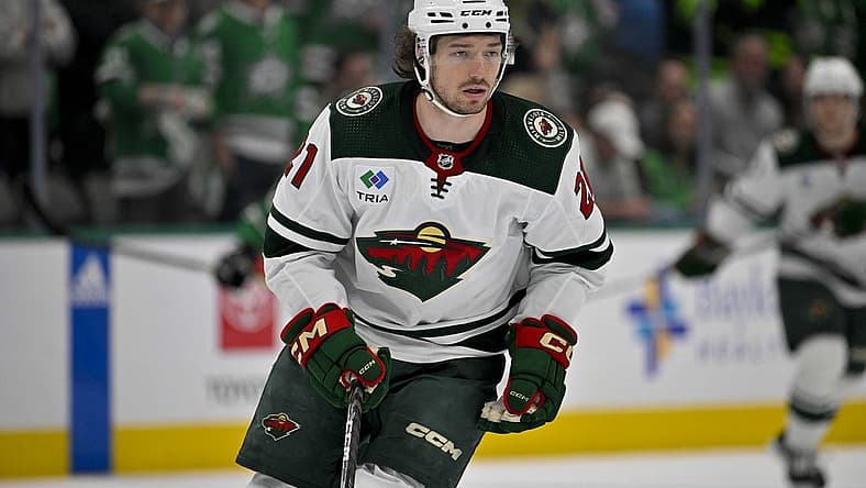 Apr 25, 2023; Dallas, Texas, USA; Minnesota Wild right wing Brandon Duhaime (21) in action during the game between the Dallas Stars and the Minnesota Wild in game five of the first round of the 2023 Stanley Cup Playoffs at American Airlines Center. Mandatory Credit: Jerome Miron-USA TODAY Sports