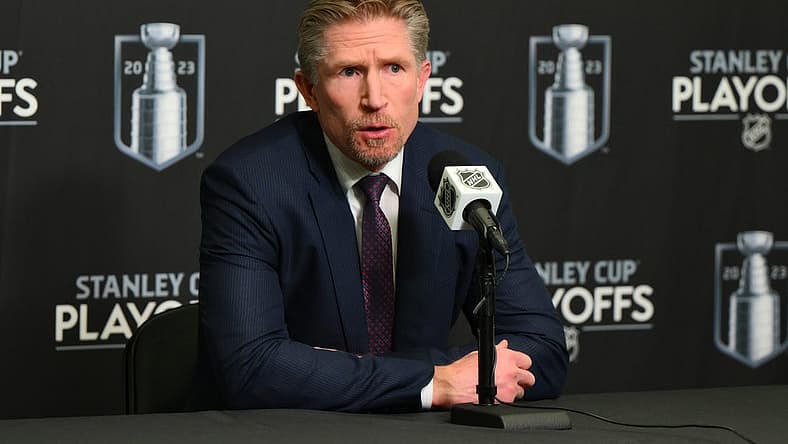 May 9, 2023; Seattle, Washington, USA; Seattle Kraken head coach Dave Hakstol speaks to the media after the game against the Dallas Stars in game four of the second round of the 2023 Stanley Cup Playoffs at Climate Pledge Arena. Mandatory Credit: Steven Bisig-USA TODAY Sports