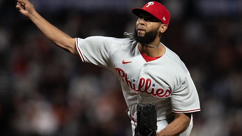 May 16, 2023; San Francisco, California, USA; Philadelphia Phillies pitcher Seranthony Dom nguez (58) delivers a pitch against the San Francisco Giants during the seventh inning at Oracle Park. Mandatory Credit: D. Ross Cameron-USA TODAY Sports