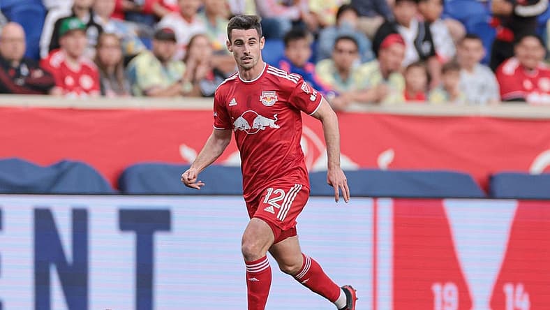 May 23, 2023; Harrison, NJ, USA; New York Red Bulls defender Dylan Nealis (12) controls the ball against FC Cincinnati during the first half at Red Bull Arena. Mandatory Credit: Vincent Carchietta-USA TODAY Sports