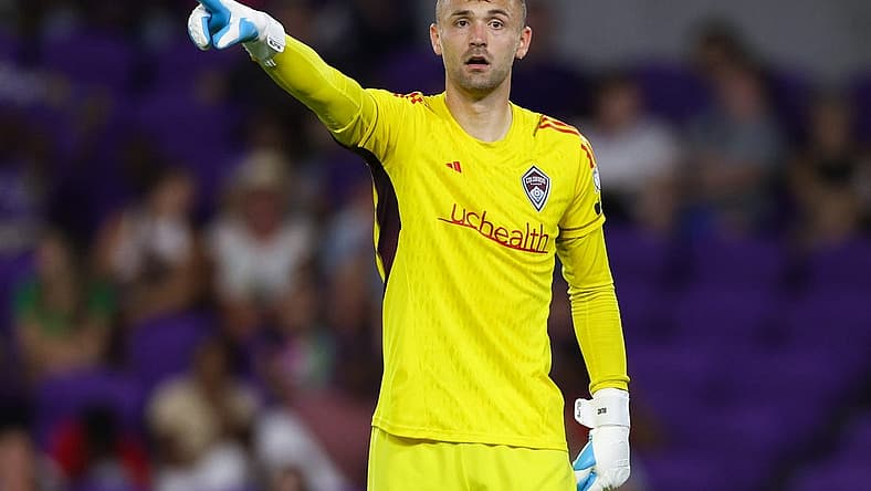 Jun 10, 2023; Orlando, Florida, USA; Colorado Rapids goalkeeper Marko Ilic (1) directs his team during a free kick against Orlando City SC in the second half at Exploria Stadium. Mandatory Credit: Nathan Ray Seebeck-USA TODAY Sports