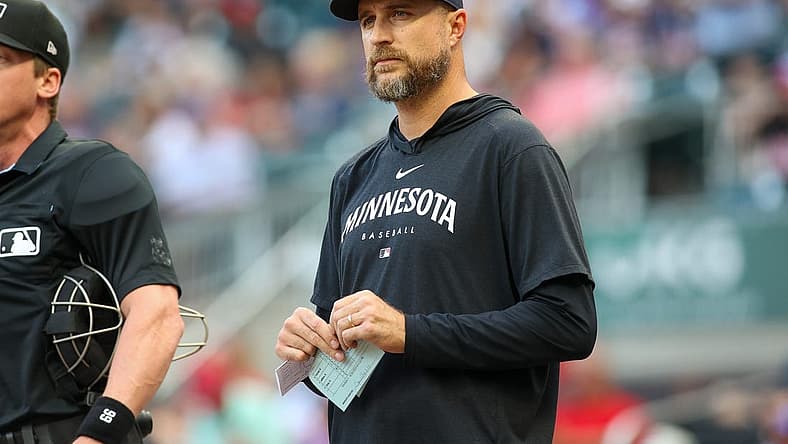 Jun 26, 2023; Atlanta, Georgia, USA; Minnesota Twins manager Rocco Baldelli (5) on the field before a game against the Atlanta Braves at Truist Park. Mandatory Credit: Brett Davis-USA TODAY Sports