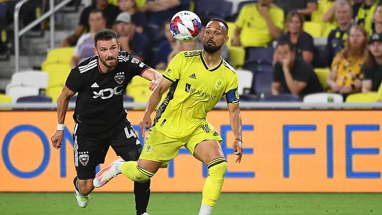 Jul 1, 2023; Nashville, Tennessee, USA; Nashville SC midfielder Hany Mukhtar (10) controls the ball during the second half against the D.C. United at Geodis Park. Mandatory Credit: Christopher Hanewinckel-USA TODAY Sports