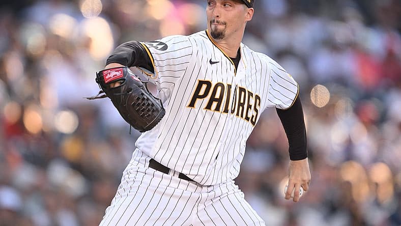 Jul 3, 2023; San Diego, California, USA; San Diego Padres starting pitcher Blake Snell (4) throws a pitch against the Los Angeles Angels during the first inning at Petco Park. Mandatory Credit: Orlando Ramirez-USA TODAY Sports