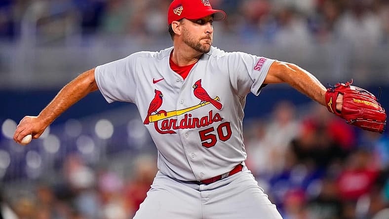 Jul 4, 2023; Miami, Florida, USA; St. Louis Cardinals starting pitcher Adam Wainwright (50) throws a pitch against the Miami Marlins during the first inning at loanDepot Park. Mandatory Credit: Rich Storry-USA TODAY Sports