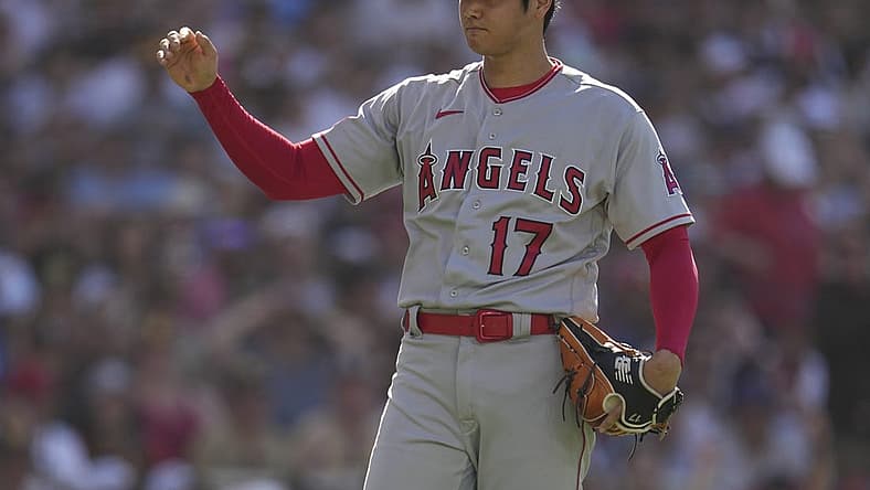 Jul 4, 2023; San Diego, California, USA; Los Angeles Angels starting pitcher Shohei Ohtani (17) reacts during the fourth inning against the San Diego Padres at Petco Park. Mandatory Credit: Ray Acevedo-USA TODAY Sports