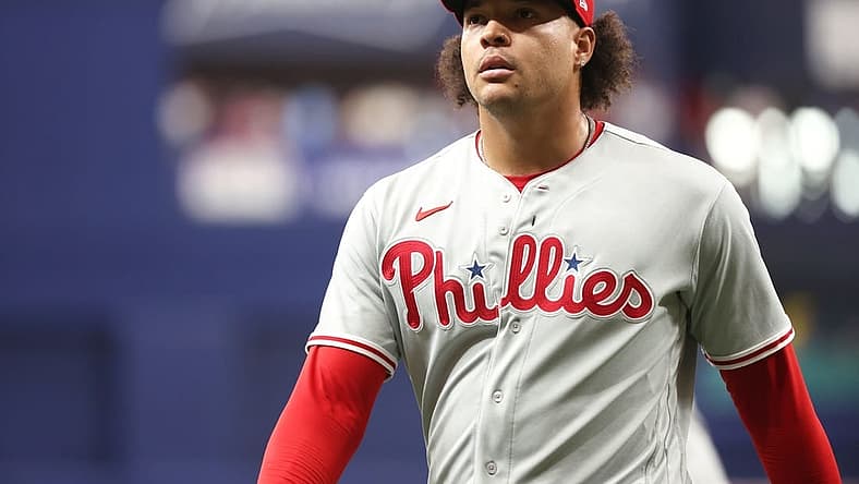 Jul 5, 2023; St. Petersburg, Florida, USA; Philadelphia Phillies starting pitcher Taijuan Walker (99) walks back to the dugout at the end of the first inning against the Tampa Bay Rays at Tropicana Field. Mandatory Credit: Kim Klement-USA TODAY Sports