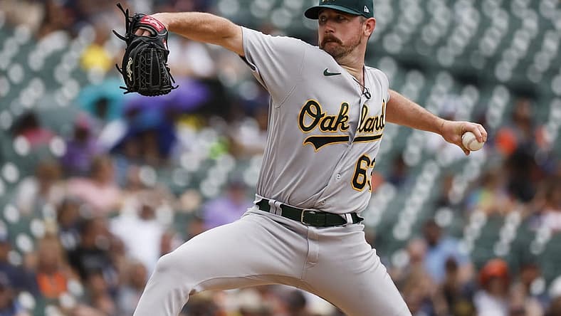 Jul 6, 2023; Detroit, Michigan, USA; Oakland Athletics relief pitcher Hogan Harris (63) pitches in the first inning against the Detroit Tigers at Comerica Park. Mandatory Credit: Rick Osentoski-USA TODAY Sports