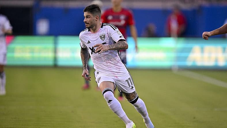 Jul 4, 2023; Frisco, Texas, USA; D.C. United forward Taxiarchis Fountas (11) in action during the game between FC Dallas and the D.C. United at Toyota Stadium. Mandatory Credit: Jerome Miron-USA TODAY Sports